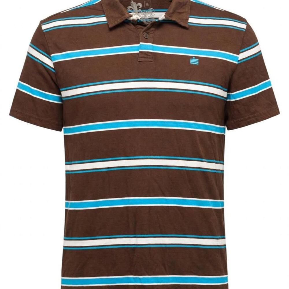Machina Polo Shirt Mens L Brown Blue White Striped Fleur De Lis Y2K Skate